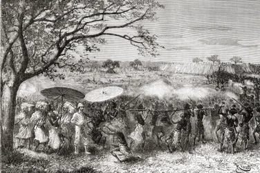 Ein kongolesischer Stamm begleitet den Entdecker Pietro Paolo Savorgnan di Brazza und seine Expedition zu ihrem Dorf, aus 